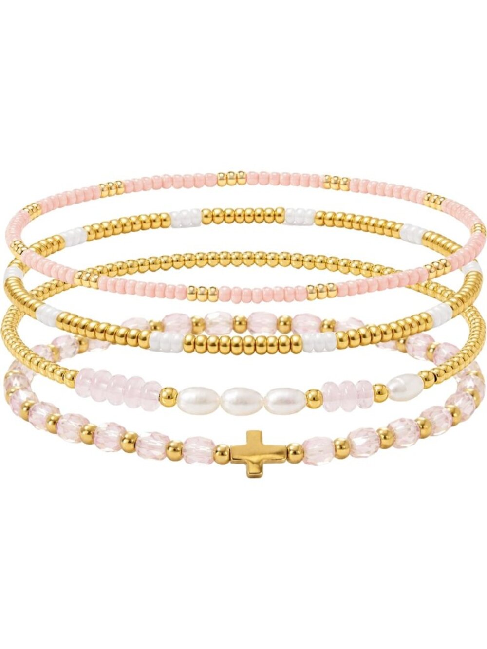 Trendy Stackable Gold Plated Pearl & Crystal Beaded Bracelets Set for Women